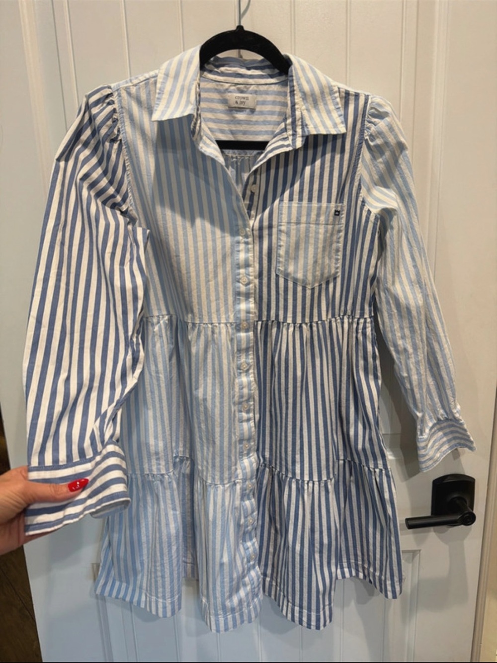 crown & ivy Blue and White Striped Button-Front Shirt Dress